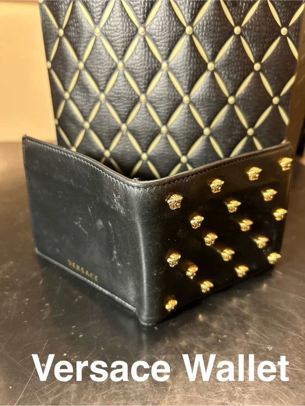 Versace Black Leather Wallet with Gold Medusa Studs